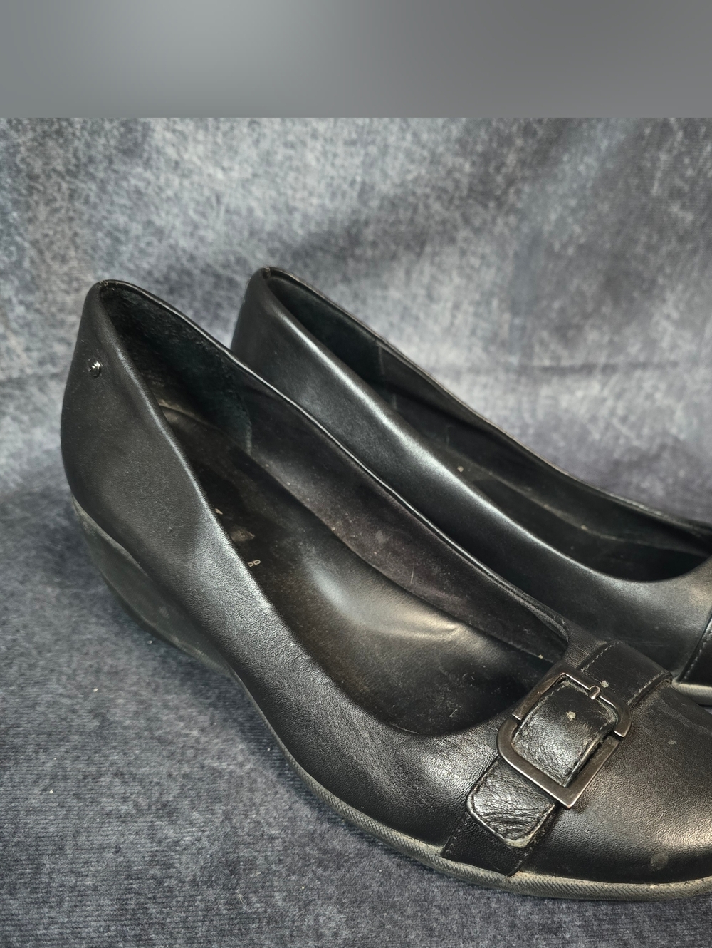 Rockport Black Leather Wedge Pumps with Buckle Accent